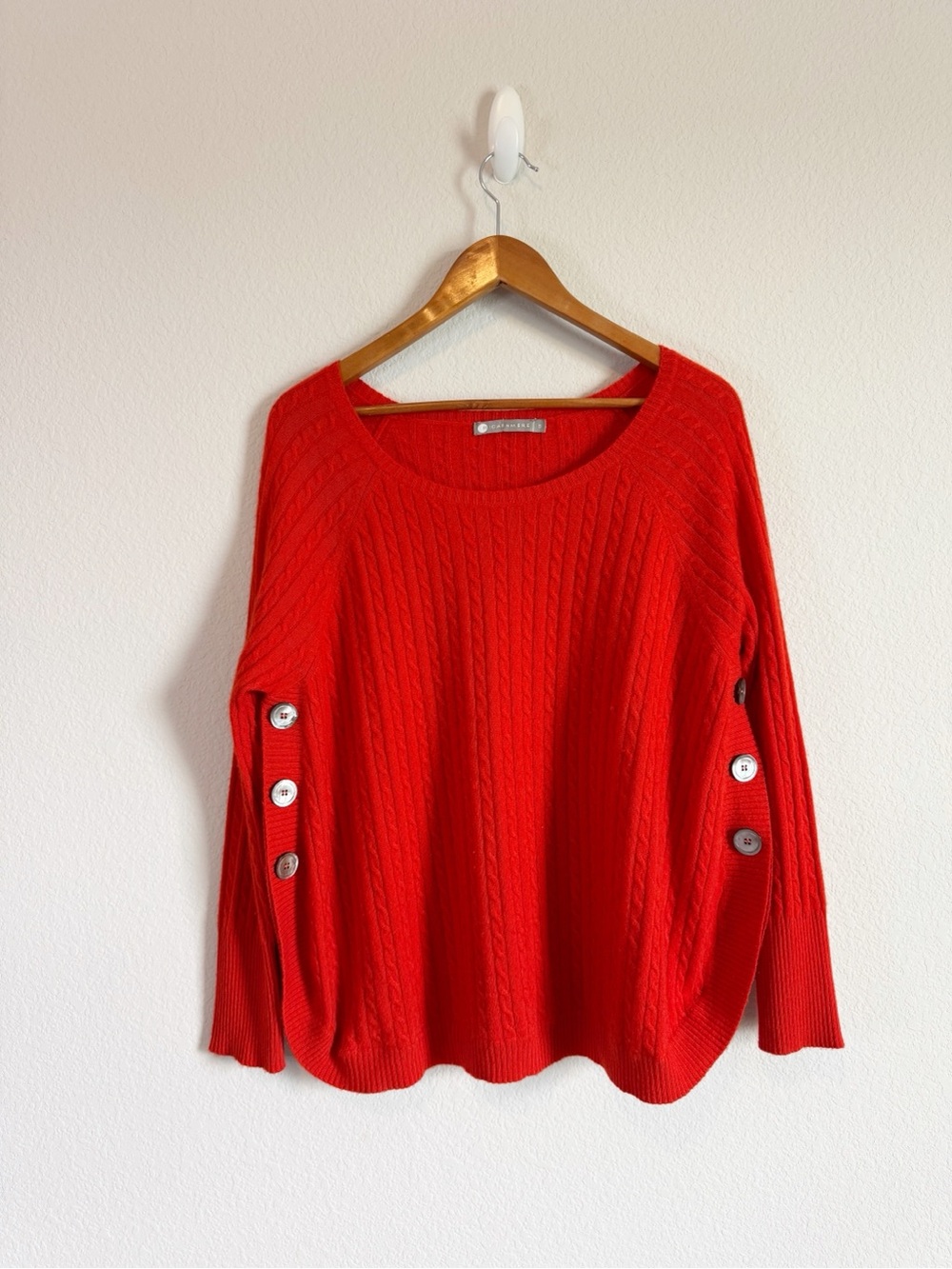 InCashmere Red 100% Cashmere Cableknit Button Side Detail Poncho Sweater Size S